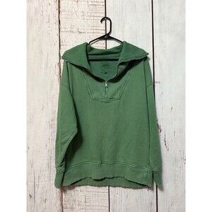 Aerie Down to Earth 1/4 Zip Sweatshirt Rib Oversized Green Small